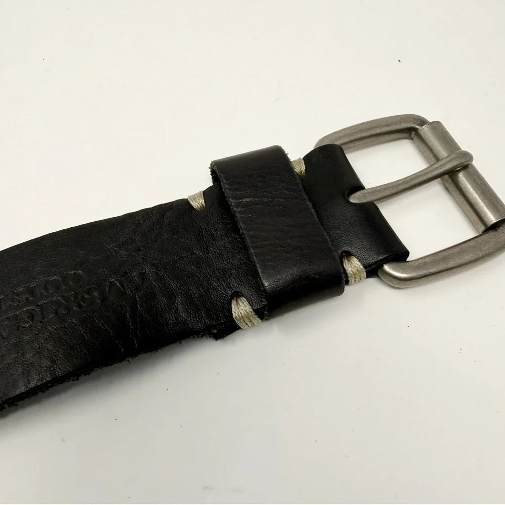 American Eagle Belt Mens 37 Black Leather Buckle VTG Rugged Eagle‎ Logo Y2K